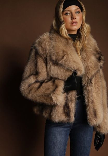 Beżowa Kurtka Futerko z Ozdobnym Kołnierzem Fitene. Brązowe kurtki Renee, bez wzorów, z futra, eleganckie, bez kaptura. Za 249.99 zł.
