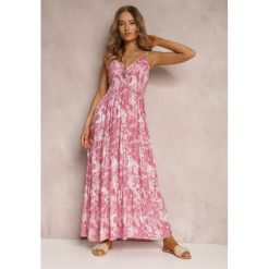 Ciemnoróżowa Sukienka Kopsey. Czerwone sukienki Renee, m, bez wzorów, z bawełny, eleganckie, bez kołnierzyka, bez ramiączek, maxi, kopertowe. W wyprzedaży za 59.99 zł.