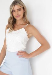Biały Top z Aplikacjami w Kształcie Kwiatów z Cekinami Nailona. Białe topy Born2be, s, z aplikacjami, eleganckie, bez kołnierzyka, bez ramiączek. Za 129.99 zł.