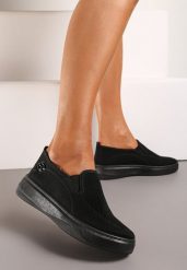 Czarne Tenisówki na Platformie bez Zapięcia Ozdobione z Przodu Perforacją Prinesa. Czarne trampki Renee, bez wzorów, z jeansu, eleganckie, bez zapięcia. W wyprzedaży za 55.99 zł.