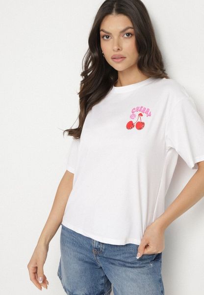 Biały T-shirt z Bawełną Cyrkoniami i Motywem Wiśni Linmira. Białe t-shirty Born2be, m, bez wzorów, z bawełny, eleganckie, bez kołnierzyka, bez ramiączek. Za 79.99 zł.