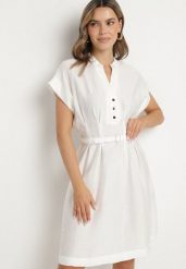 Biała Sukienka z Wiskozy o Rozkloszowanym Kroju z Paskiem Sepina. Białe sukienki Born2be, na co dzień, l, z aplikacjami, z wiskozy, eleganckie, bez kołnierzyka, bez ramiączek, midi, rozkloszowane. Za 129.99 zł.