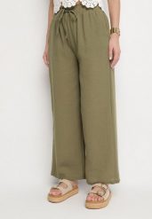Zielone Spodnie o Szerokim Kroju Palazzo z Wysokim Stanem i Wiązaniem Araloria. Zielone jeansy Born2be, l, bez wzorów, z jeansu, eleganckie, z podwyższonym stanem. Za 69.99 zł.