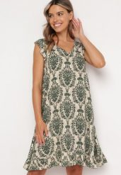 Zielono-Beżowa Bawełniana Sukienka w Stylu Boho na Ramiączkach z Falbanką Zaelle. Zielone sukienki Born2be, na co dzień, l, bez wzorów, z bawełny, boho, bez kołnierzyka, bez ramiączek, midi. W wyprzedaży za 38.24 zł.