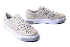 RIEKER L8849-60 beige, półbuty damskie. Szare półbuty wsuwane Rieker, na lato, bez wzorów, bez obcasa. Za 288.92 zł.
