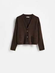 Kardigan z guzikami - ciemnobrązowy. Brązowe swetry Reserved, l, bez wzorów, z dzianiny, bez ramiączek. Za 119.99 zł.