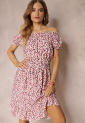 Biało-Czerwona Bawełniana Sukienka z Gumką w Talii o Fasonie Hiszpanki Jazmi. Białe sukienki Renee, na co dzień, l, z aplikacjami, z bawełny, eleganckie, bez kołnierzyka, bez ramiączek, midi, kopertowe. W wyprzedaży za 39.99 zł.