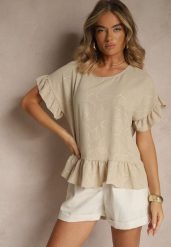 Beżowa Bluzka Oversize Ozdobiona Falbanami Liriele. Brązowe bluzki Renee, bez wzorów, z jeansu, bez kołnierzyka, bez ramiączek. W wyprzedaży za 48.99 zł.