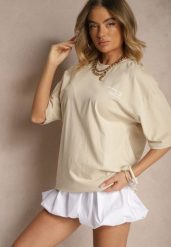 Beżowa Koszulka o Fasonie T-shirt z Napisami Na Plecach i na Przodzie Seninora. Brązowe t-shirty Renee, m, bez wzorów, z jeansu, klasyczne, bez kołnierzyka, bez ramiączek. W wyprzedaży za 43.99 zł.