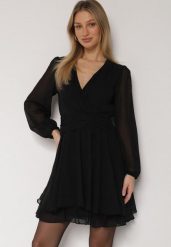 Czarna Rozkloszowana Sukienka z Siateczki z Kopertowym Dekoltem Zenessa. Czarne sukienki Born2be, l, bez wzorów, z materiału, bez kołnierzyka, bez ramiączek, mini, kopertowe. Za 149.99 zł.