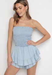 Jasnoniebieski Kombinezon z Dekoltem Bandeau i Falbankami Darella. Niebieskie sukienki Born2be, bez wzorów, bez kołnierzyka, bez ramiączek, mini. Za 149.99 zł.