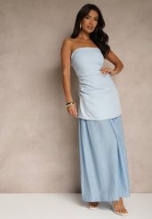 Niebieska Sukienka Koktajlowa z Dekoltem Bandeau Ozdobiona Marszczeniem Folimmea. Niebieskie sukienki Renee, m, bez wzorów, eleganckie, bez kołnierzyka, bez ramiączek, maxi, kopertowe. W wyprzedaży za 135.99 zł.