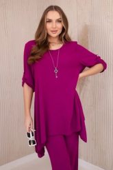 Komplet bluzka + spodnie z wisiorkiem śliwkowy. Bluzki Kesi Włoski, l, z aplikacjami, z dresówki, biznesowe, bez kołnierzyka, plus size, bez ramiączek. Za 196.55 zł.