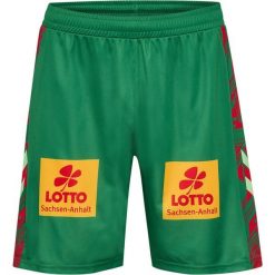Krótki domowy strój FC Magdeburg 2025/26. Zielone szorty Hummel, bez wzorów, sportowe. Za 225.00 zł.