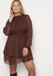 Brązowa Rozkloszowana Sukienka Siateczkowa z Bufiastymi Rękawami Isovana. Brązowe sukienki Born2be, na co dzień, l, bez wzorów, eleganckie, bez kołnierzyka, bez ramiączek, mini, rozkloszowane. Za 129.99 zł.