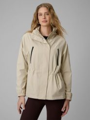 4F Parka przejściowa membrana 5000 damska - beżowa M. Brązowe płaszcze 4f, l, bez wzorów, ze skóry, bez kaptura. Za 399.99 zł.