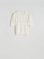 Sweter z ozdobnymi detalami - kremowy. Białe swetry Reserved, l, bez wzorów, z dzianiny, bez ramiączek. Za 119.99 zł.