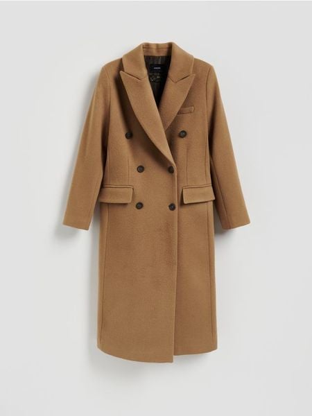 Płaszcz z wełną Bellandi - beżowy. Brązowe płaszcze Reserved, l, bez wzorów, z tkaniny, bez kaptura. Za 699.99 zł.