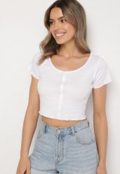 Biały Bawełniany T-shirt o Dopasowanym Kroju z Guzikami Filareina. Białe t-shirty Born2be, l, bez wzorów, z bawełny, eleganckie, bez kołnierzyka, bez ramiączek. W wyprzedaży za 33.99 zł.