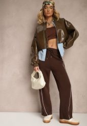 Brązowe Spodnie Dresowe z Bawełną o Szerokim Kroju High Waist z Paskami Salliara. Brązowe jeansy Renee, l, bez wzorów, z bawełny, eleganckie, z podwyższonym stanem. W wyprzedaży za 63.99 zł.