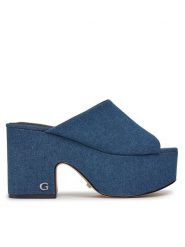 Guess Klapki Yaki2 FLJYA2 DEN04 Niebieski. Niebieskie klapki Guess, z aplikacjami, z materiału, bez obcasa, bez zapięcia. Za 519.99 zł.