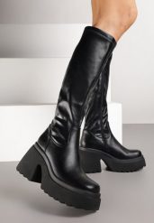 Czarne Kozaki na Słupku i Platformie z Dopasowaną Cholewką Avelgissa. Czarne kozaki Renee, bez wzorów, bez obcasa, na obcasie, bez zapięcia. Za 229.99 zł.