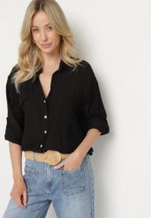 Czarna Wiskozowa Koszula Oversize z Lnem Zdobiona Kwiatową Aplikacją Finreis. Czarne koszule Born2be, m, z aplikacjami, z jeansu, eleganckie, bez kołnierzyka, bez ramiączek. Za 109.99 zł.
