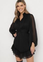 Czarna Rozkloszowana Sukienka z Falbanką Harlin. Czarne sukienki Born2be, m, bez wzorów, bez kołnierzyka, bez ramiączek, mini, rozkloszowane. W wyprzedaży za 152.99 zł.