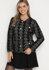 Czarny Kardigan w Stylu Retro z Perłowymi Guzikami i Metaliczną Nitką Daiviana. Czarne swetry Born2be, na zimę, m, bez wzorów, retro, bez ramiączek. W wyprzedaży za 101.99 zł.
