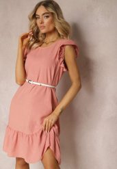 Różowa Sukienka o Rozkloszowanym Kroju z Krótkim Rękawem i Falbankami Lavolia. Czerwone sukienki Renee, na co dzień, l, z aplikacjami, eleganckie, bez kołnierzyka, bez ramiączek, midi, rozkloszowane. W wyprzedaży za 45.49 zł.