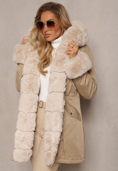 Beżowa Kurtka Parka z Paskiem w Talii i Kapturem z Futerkiem Hizontia. Brązowe kurtki Renee, l, bez wzorów, z jeansu. Za 269.99 zł.