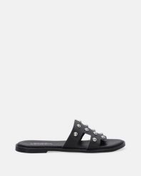 CZARNE KLAPKI Z NITAMI MRZ00092 BLACK. Czarne klapki Venezia, bez wzorów, ze skóry, bez obcasa, bez zapięcia. Za 239.00 zł.