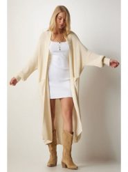 Happiness Istanbul Kardigan w kolorze kremowym rozmiar: onesize. Brązowe swetry Happiness Istanbul, bez wzorów, ze splotem, bez ramiączek. Za 95.99 zł.