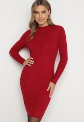 Bordowa Sukienka Mini z Prążkowanej Sweterkowej Dzianiny o Dopasowanym Fasonie Paulinma. Czerwone sukienki Born2be, s, bez wzorów, z bawełny, bez kołnierzyka, bez ramiączek, maxi, dopasowane. Za 79.99 zł.