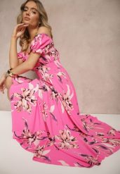 Fuksjowa Sukienka z Bawełną Rozkloszowana w Kwiatowy Print z Dekoltem Łódką Annirna. Czerwone sukienki Renee, na co dzień, l, bez wzorów, z bawełny, eleganckie, bez kołnierzyka, bez ramiączek, midi, rozkloszowane. W wyprzedaży za 55.99 zł.