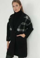 Czarny Płaszcz Krótki w Kratę Florenta. Czarne płaszcze Born2be, z aplikacjami, z jeansu, eleganckie, bez kaptura. W wyprzedaży za 288.99 zł.