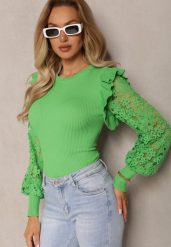 Zielony Sweter z Koronką i Bufiastym Rękawem Yuntus. Zielone swetry Renee, s, bez wzorów, z dzianiny, boho, bez ramiączek. W wyprzedaży za 55.99 zł.