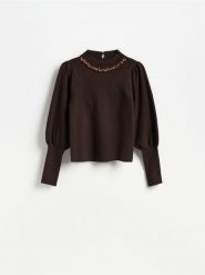 Sweter z domieszką wełny - ciemnobrązowy. Brązowe swetry Reserved, l, bez wzorów, z dzianiny, bez ramiączek. Za 139.99 zł.