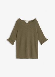 Sweter z mieszanki bawełny, rękawy z falbanką. Zielone swetry bonprix, bez wzorów, z bawełny, bez ramiączek. Za 109.99 zł.