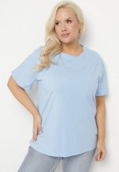 Jasnoniebieski Bawełniany Klasyczny T-shirt Oltebia. Niebieskie t-shirty Born2be, uniwersalny, bez wzorów, z bawełny, klasyczne, bez kołnierzyka, bez ramiączek. Za 59.99 zł.