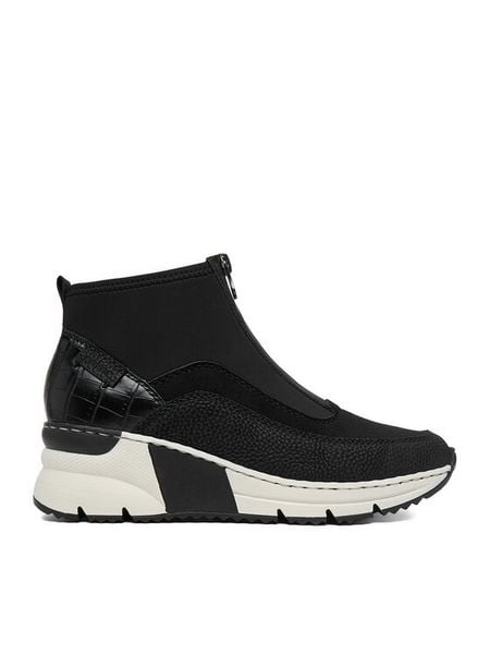Rieker Botki CEO-N6352-00 Czarny. Czarne botki Rieker, bez wzorów, z materiału, bez obcasa, na koturnie, bez zapięcia. Za 329.99 zł.
