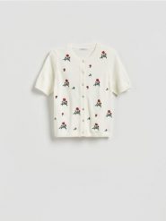 Kardigan z krótkim rękawem - złamana biel. Swetry Reserved, l, bez wzorów, z dzianiny, bez ramiączek. Za 129.99 zł.