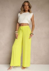 Żółte Szerokie Spodnie High Waist z Gumką w Talii Ilnena. Żółte jeansy Renee, na lato, bez wzorów, z jeansu, biznesowe, z podwyższonym stanem. W wyprzedaży za 63.99 zł.