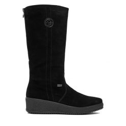Kozaki Rieker. Czarne kozaki Rieker, bez wzorów, bez obcasa, na koturnie, bez zapięcia. Za 459.99 zł.