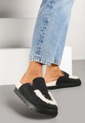 Czarne Klapki na Platformie Ozdobione Paskiem i Futerkiem w Stylu Baranka Islinna. Czarne klapki Renee, bez wzorów, z jeansu, eleganckie, bez obcasa, na platformie, bez zapięcia. W wyprzedaży za 59.49 zł.