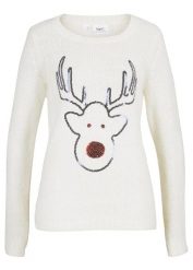 Sweter bożonarodzeniowy z motywem renifera z cekinami. Białe swetry bonprix, bez wzorów, bez ramiączek. Za 129.99 zł.