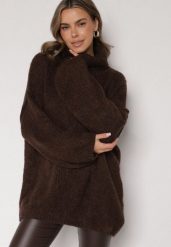 Brązowy Gładki Golf Oversize z Domieszką Wełny i Wiskozy Nerafera. Brązowe swetry Born2be, bez wzorów, z jeansu, klasyczne, bez ramiączek. Za 179.99 zł.