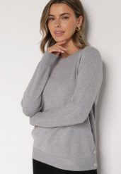 Szary Sweter z Guzikami z Boku Tusiana. Szare swetry Born2be, bez wzorów, z jeansu, klasyczne, bez ramiączek. Za 79.99 zł.