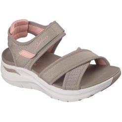 Sandały damskie Skechers Arch Fit 2.0 Sandal Feelin'. Brązowe sandały Skechers, bez wzorów, z materiału, bez obcasa, bez zapięcia. Za 490.00 zł.