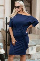 Sukienka bawełniana dzianinowa kimono z paskiem JOTA granat. Sukienki KARKO, do pracy, l, bez wzorów, z bawełny, biznesowe, bez kołnierzyka, plus size, bez ramiączek, midi, dla puszystych. Za 299.50 zł.